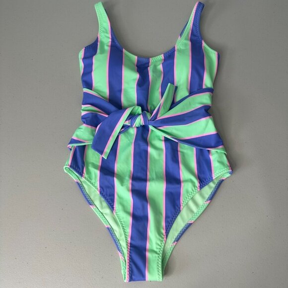 Fabletics Scoop Tie Back One Piece Swimsuit Small Stripe Green Purple - Picture 5 of 11